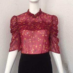 Chelsea28 Burgundy floral print rushed blouse